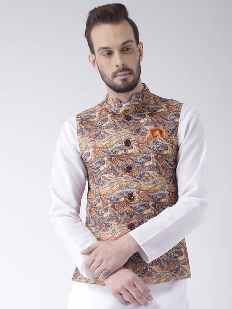 Men's Multicoloured 
Cotton Blend
 Printed Nehru Jackets